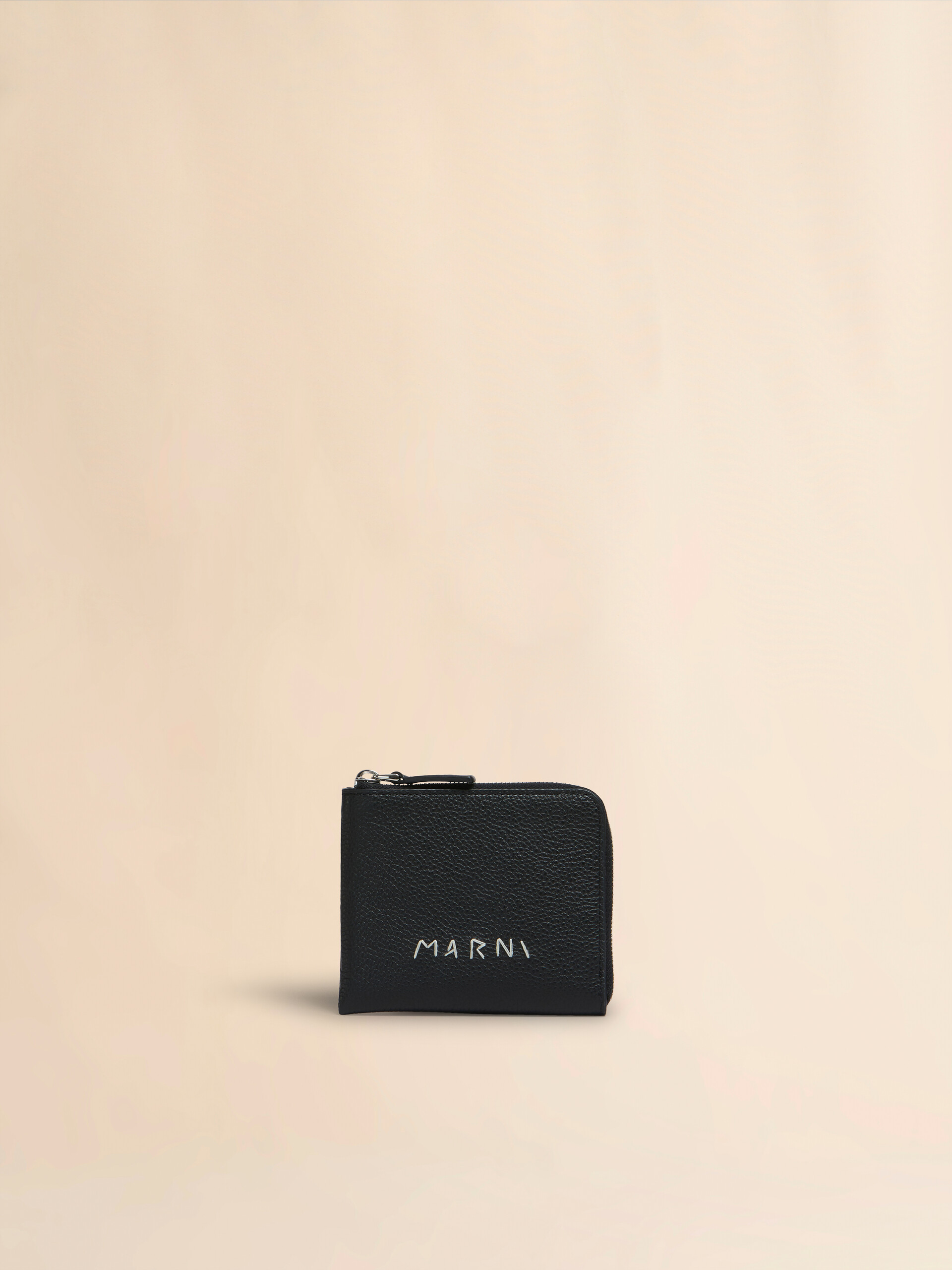 Black leather zip-around wallet with Marni Mending embroidery | Marni