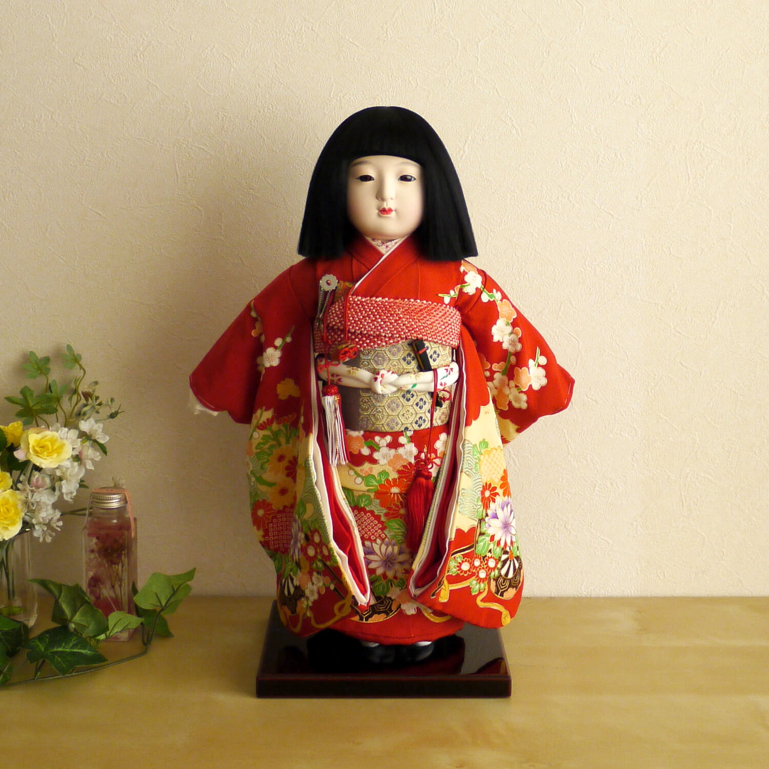 元賀章介作 12号(尺二)正絹別染 雲取りに花車 赤色 手塗本漆塗台 市松