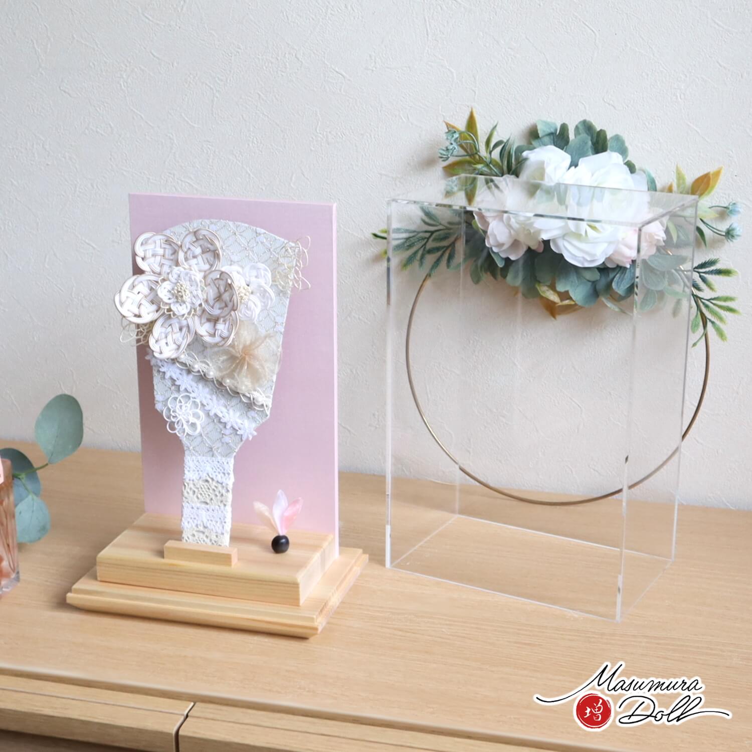 新作 ヒノキ香る アクリルケース 羽子板 8号 水引 レース ベージュ