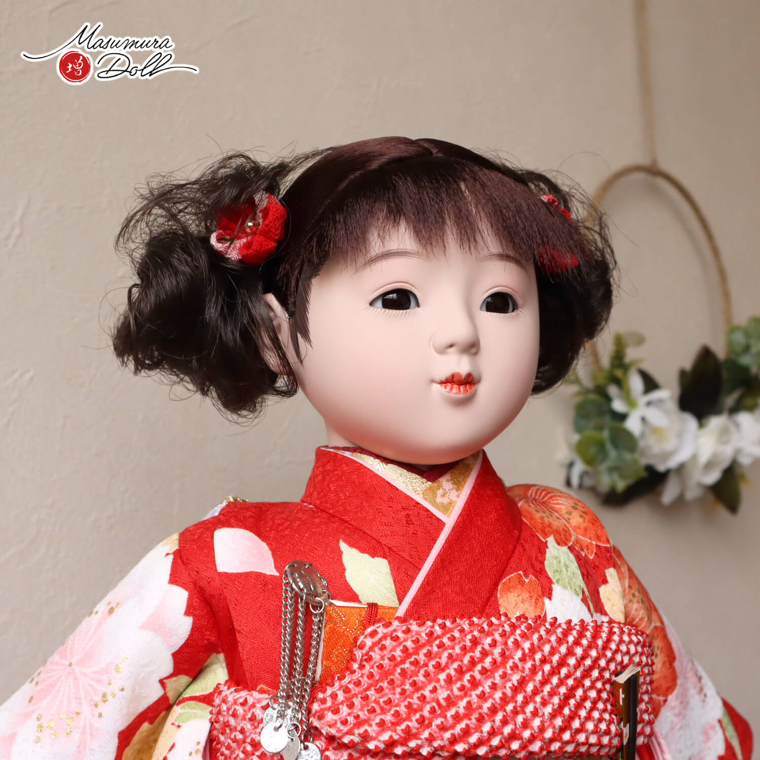 新作 市松人形 小出松寿作10号 京友禅「桜尽くし」赤衣装 かわいい