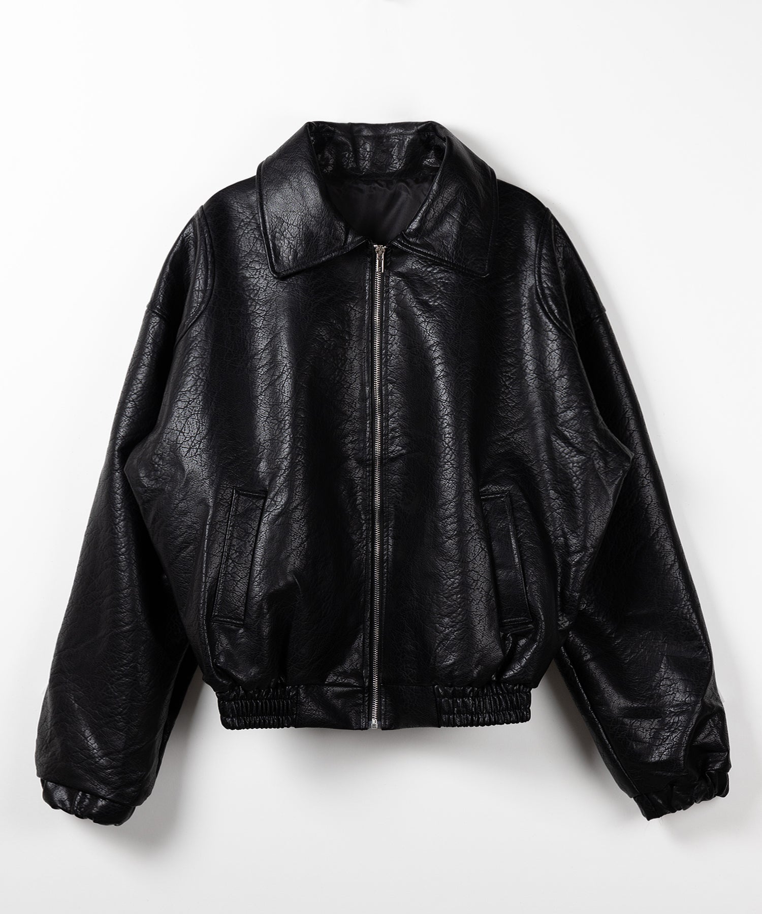 バックリボン刺繍ヴィンテージライクフェイクレザーブルゾン ／ back