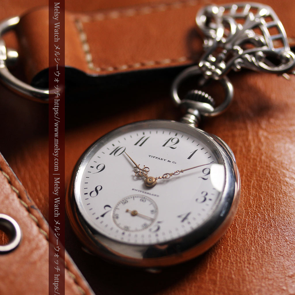 ティファニー 銀無垢アンティーク懐中時計 【1908年頃】銀留めと革