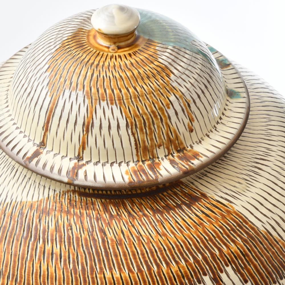 小鹿田焼 坂本浩二窯 三斗壷 飛び鉋に三彩 ｜ みんげい おくむら