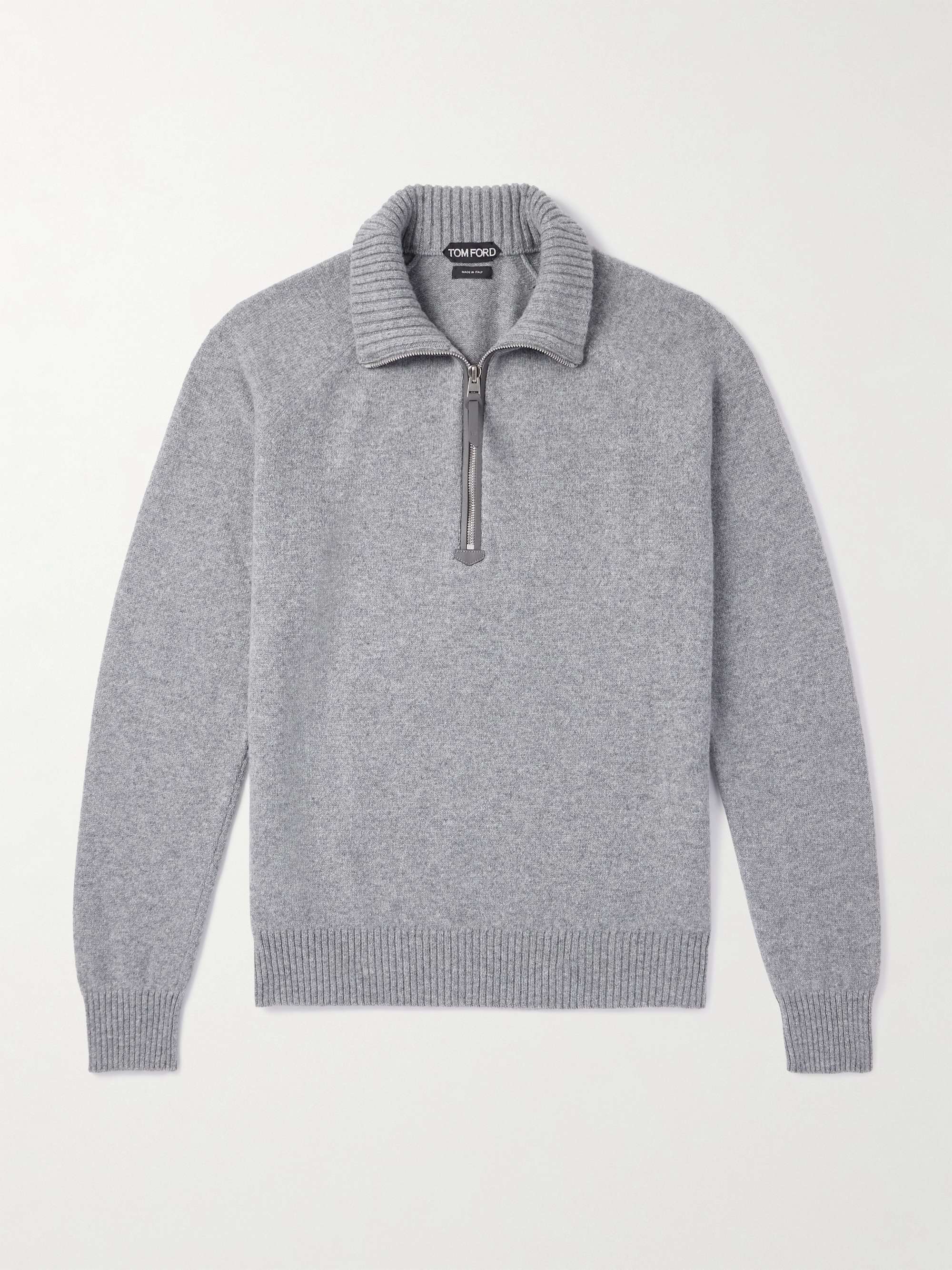 TOM FORD Leather-Trimmed Wool and Cashmere-Blend Half-Zip Rollneck