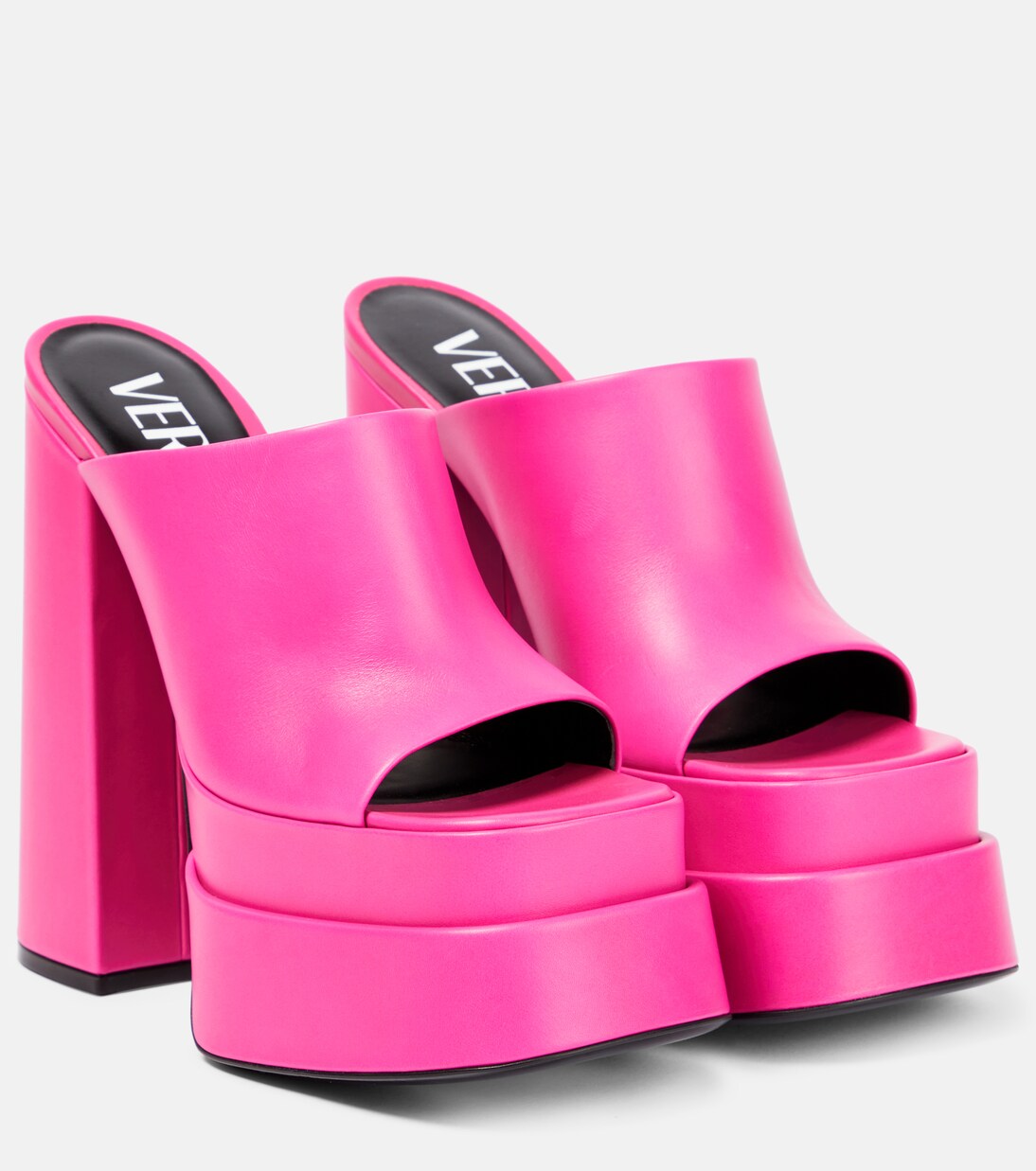 Leather platform mules in pink - Versace | Mytheresa