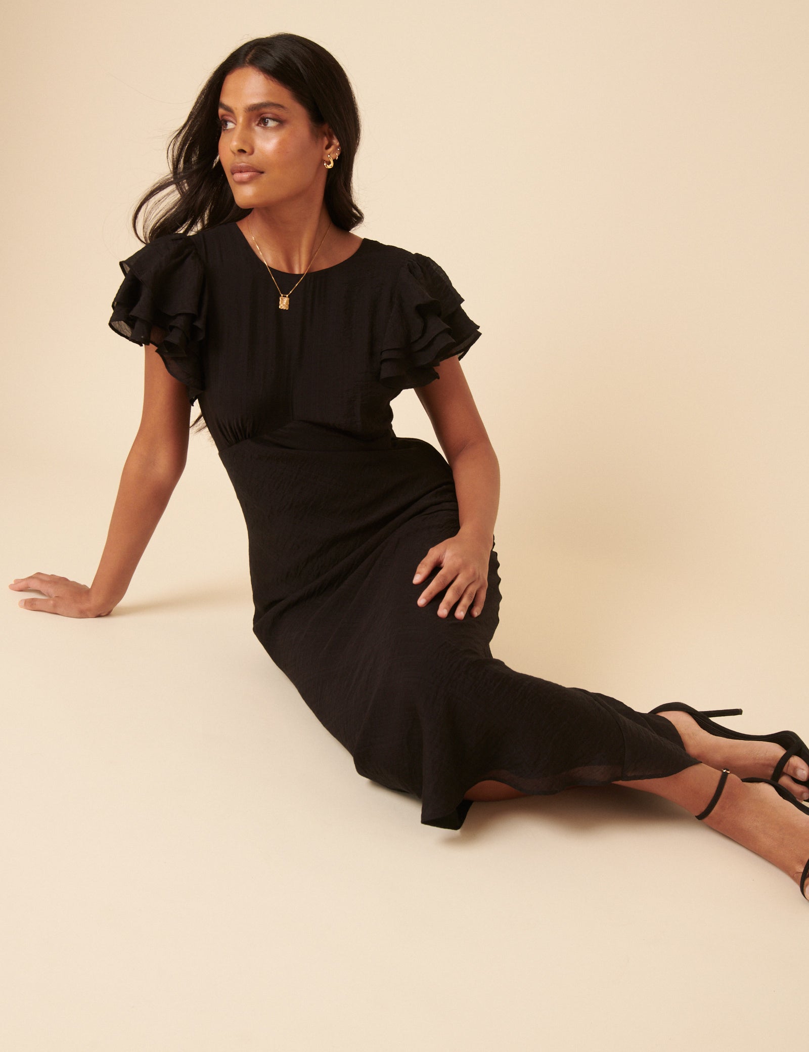 Black Frill Sleeve Lola Midi Dress