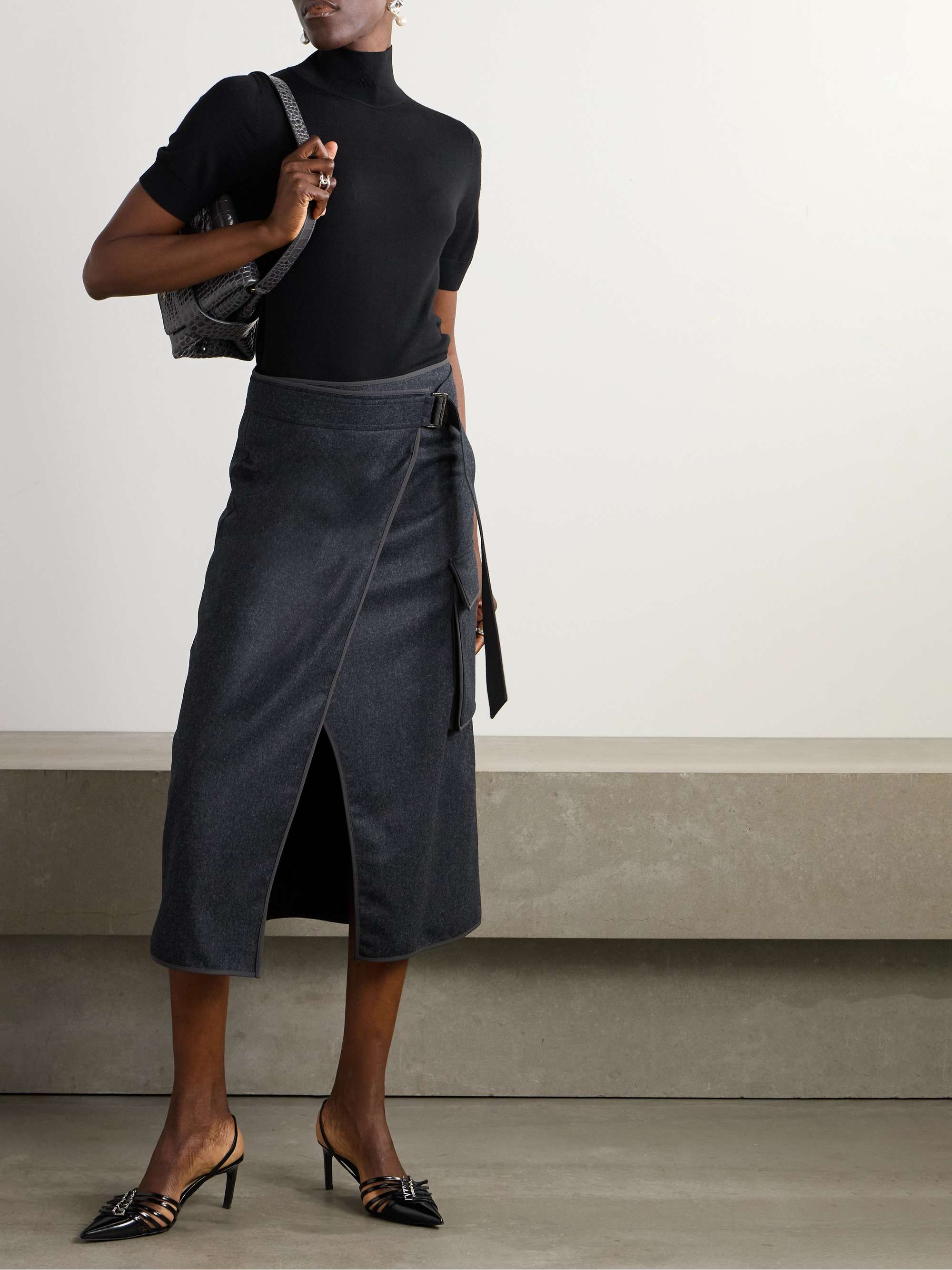 BRUNELLO CUCINELLI Shell-trimmed wool-felt wrap midi skirt | NET-A