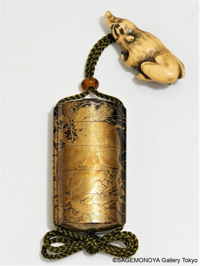 秋草猪図高蒔絵四段－印籠｜根付専門店「提物屋」