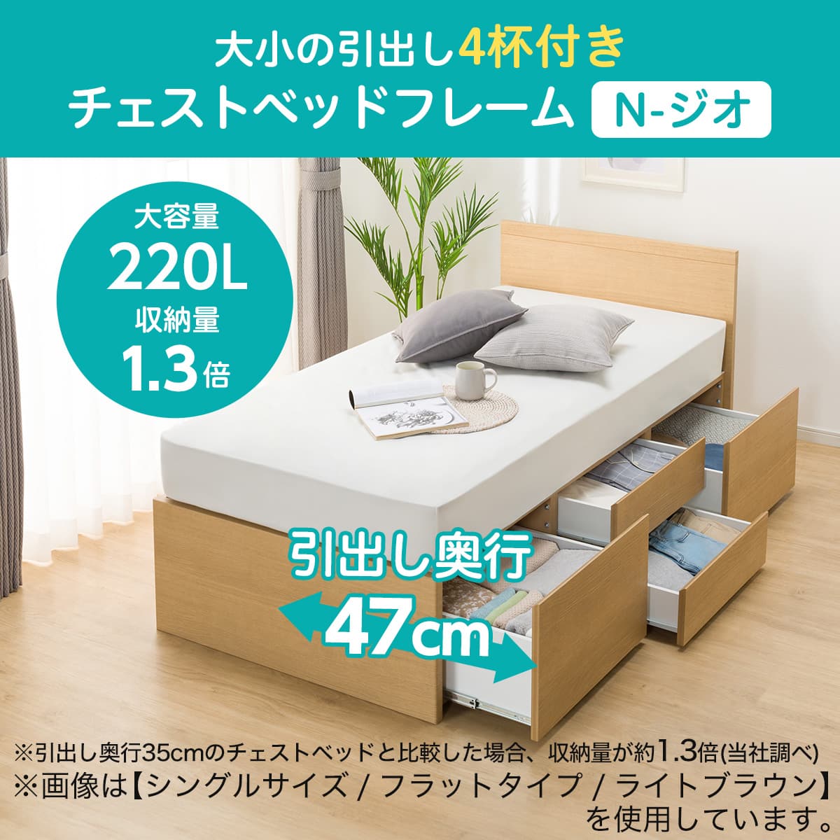 ダブルフラットヘッドボードチェストベッドフレーム(N-ジオF MBR 40M-T