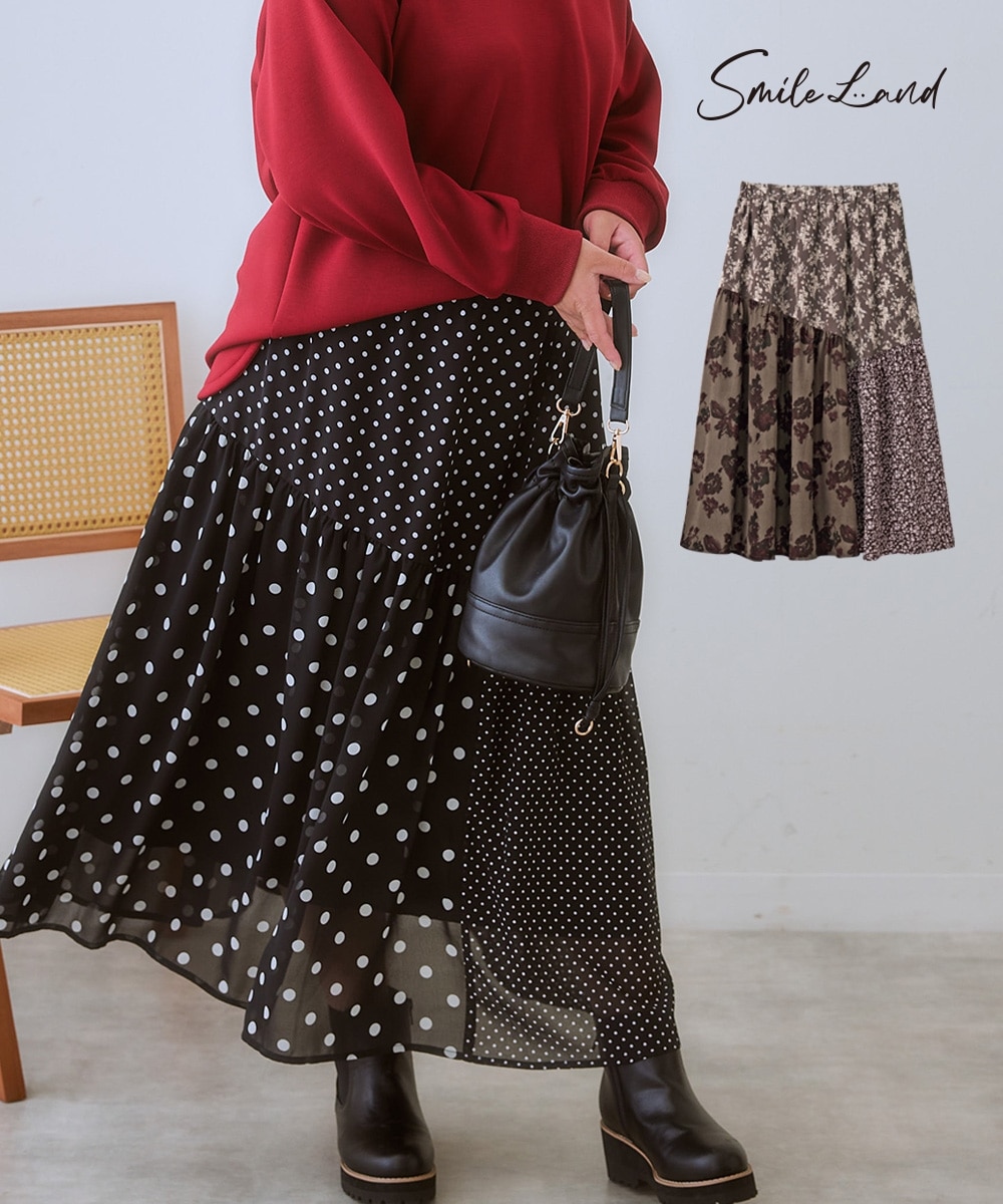 大きいサイズ＞ 斜め切替シュッと見えプリントスカート（ゆったり