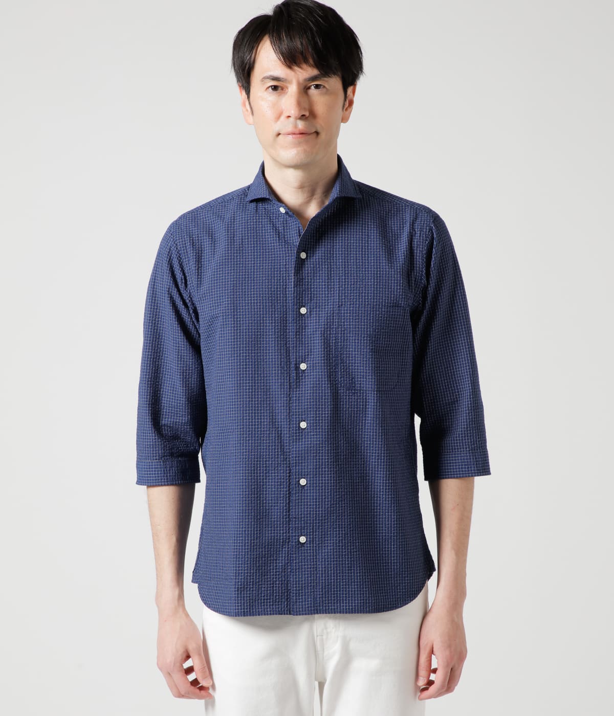 ストレッチ】サッカー グラフチェック 七分袖カッタウェイカラーシャツ