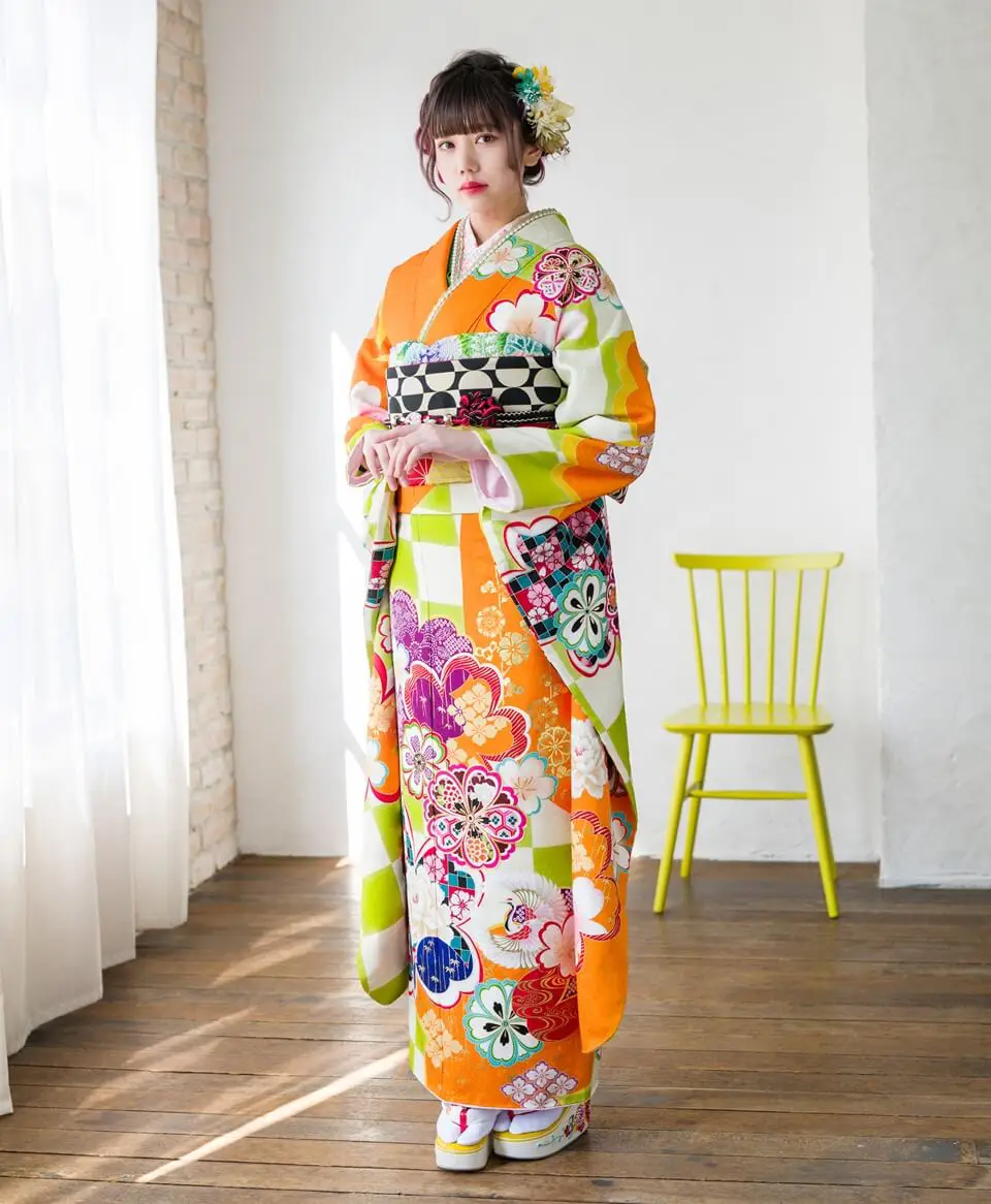 オレンジ市松に桜[FS0899] | 成人式振袖レンタル京都さがの館