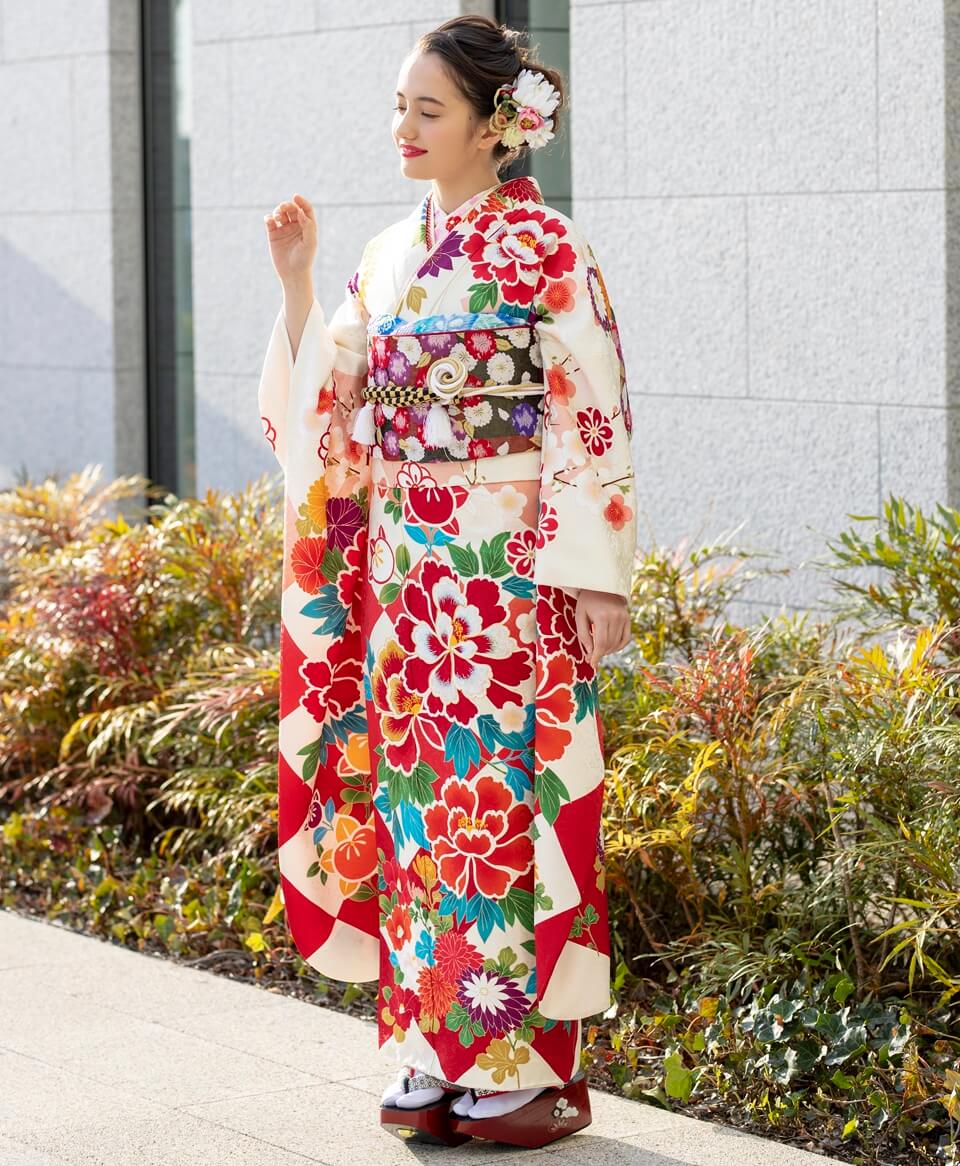 白地赤菱に牡丹[FS0975] | 成人式振袖レンタル京都さがの館