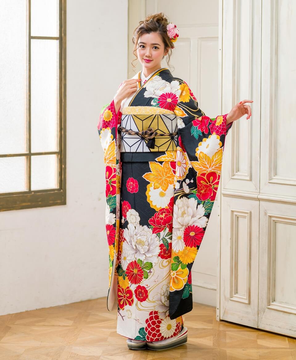 黒地に紅白ぼたん菊[FS1083] | 成人式振袖レンタル京都さがの館