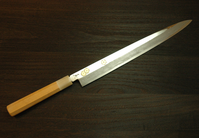 柳刃包丁 青鋼 尺1 金象嵌 墨流し 鞘付 【包丁の＠堺英】