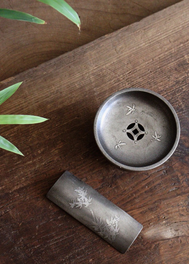 錫製茶器セット 菓子器 茶こぼし 茶則 間村自造 四君子 茶盤