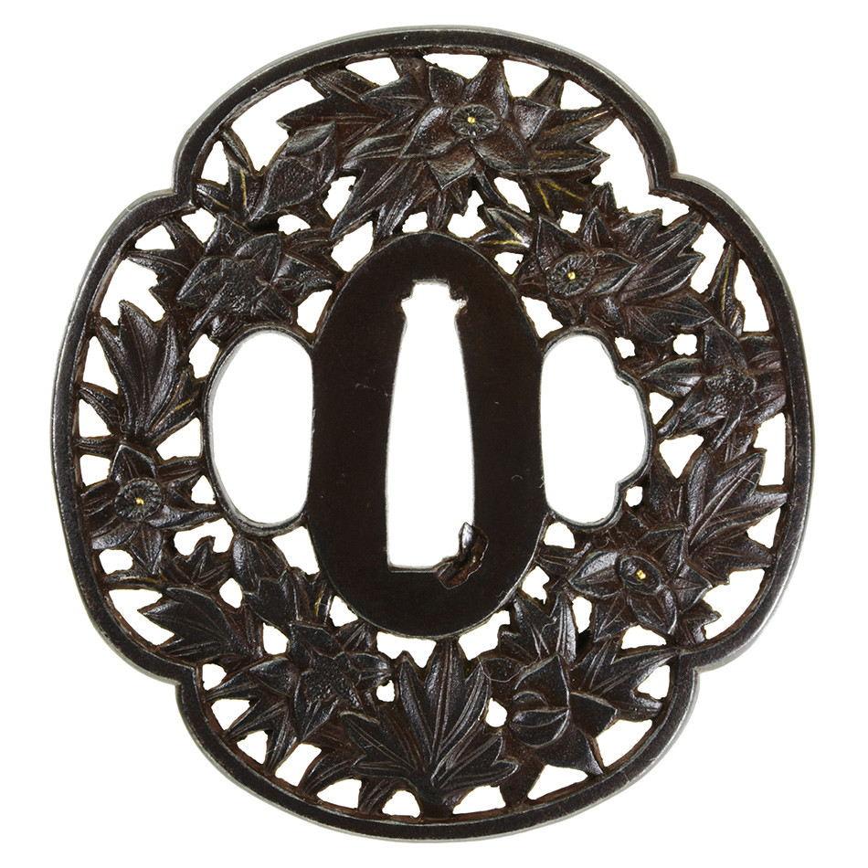 鉄製 鍔 石黒是美花 鍔 無銘 鉄線花図鍔(TU-120116)｜刀・