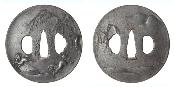 鍔 銘 長州萩住友之作 柳樹双駒図鍔 (TU-010325)｜刀・日本刀の販売