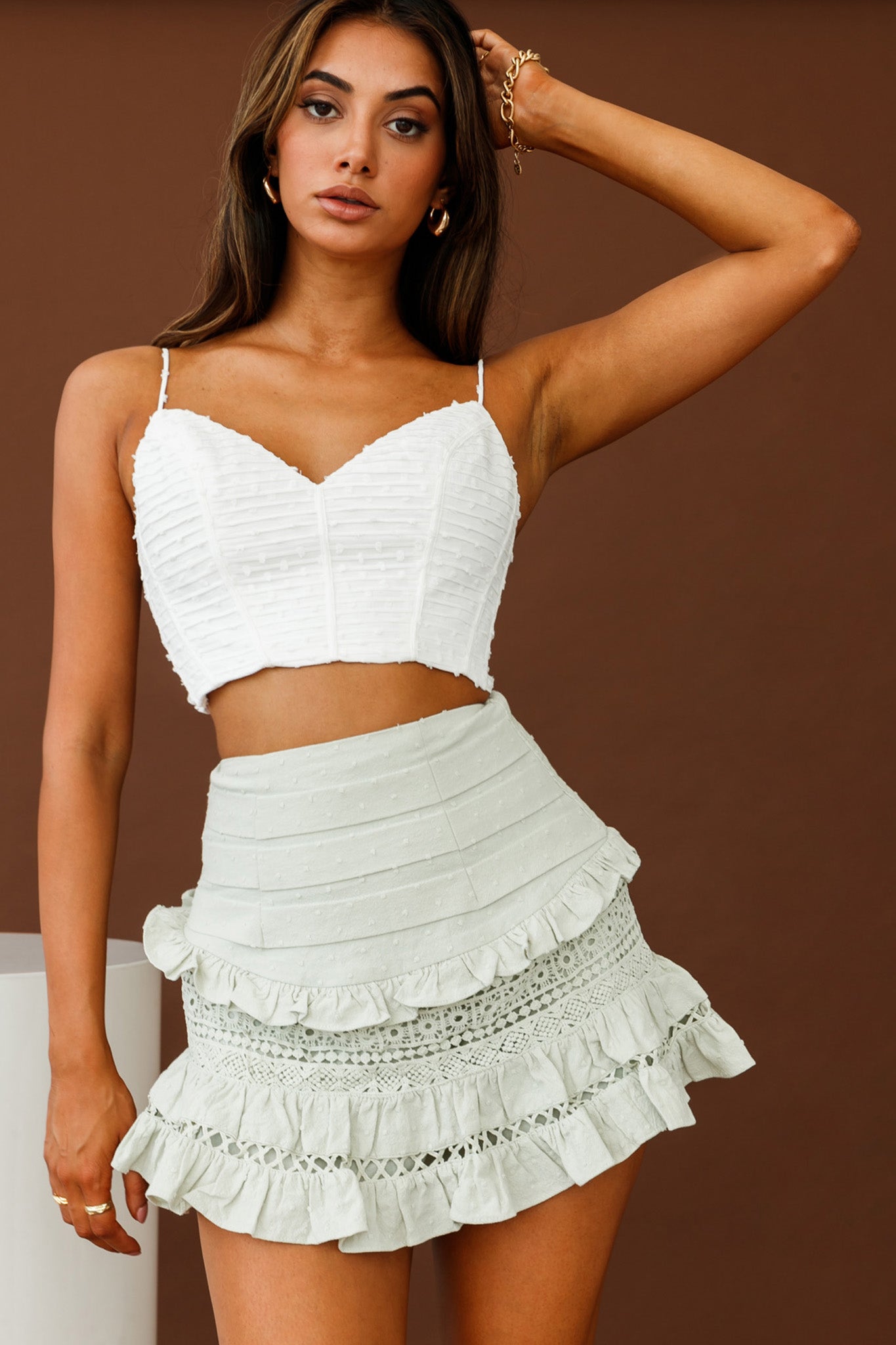 Shop the Perfect Timing Pleated Waist Frill Trim Mini Skirt Sage