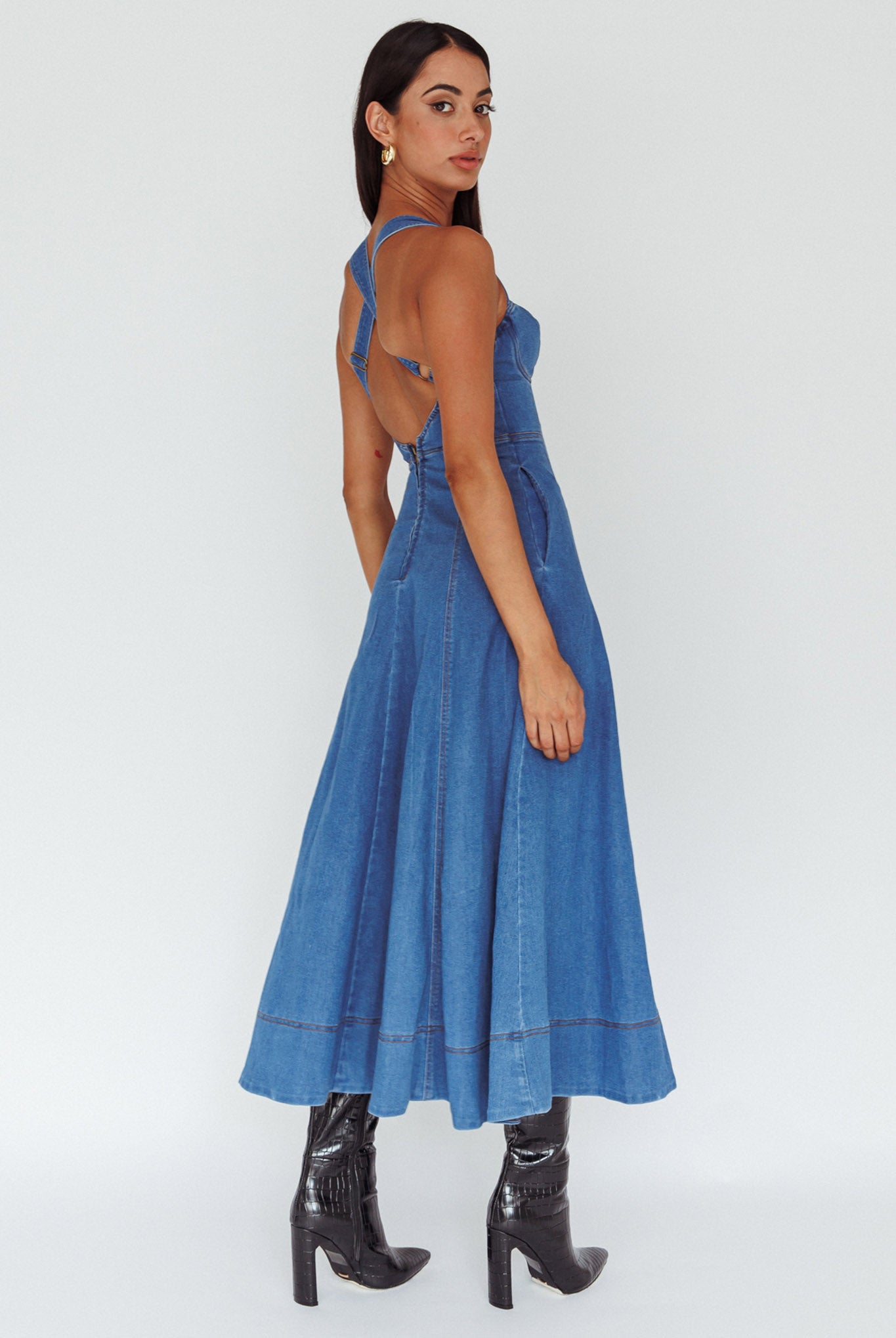 Shop the Ellora Criss-Cross Back Denim Maxi Dress Navy