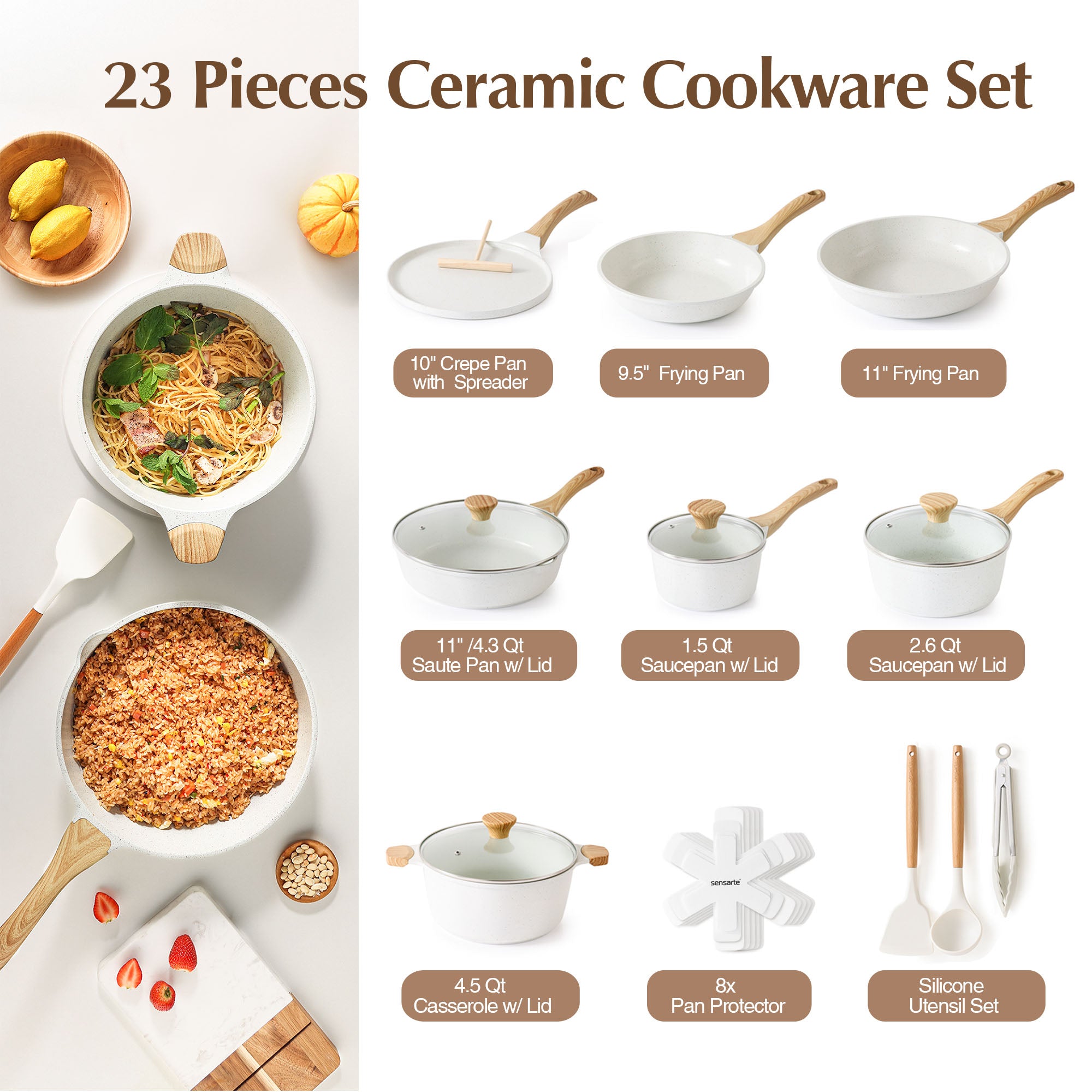 SENSARTE Ceramic Nonstick Pots and Pans Set 23 Pieces Granite White