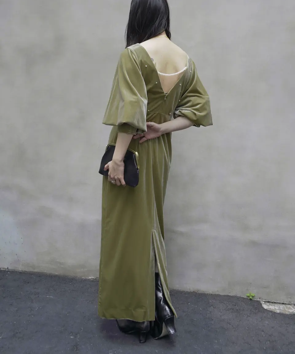 Mサイズ】BACK OPEN PEARL VELOUR DRESS Ameri VINTAGE（アメリ