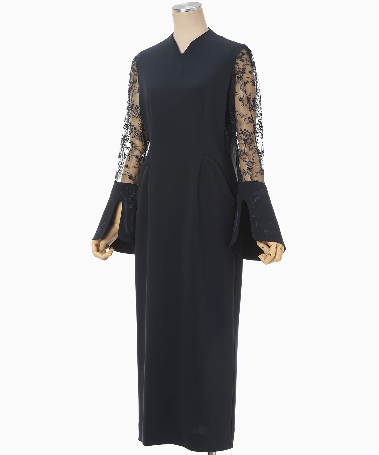 2サイズ】Acetate Polyester Floral Lace-Sleeve Dress - navy Mame