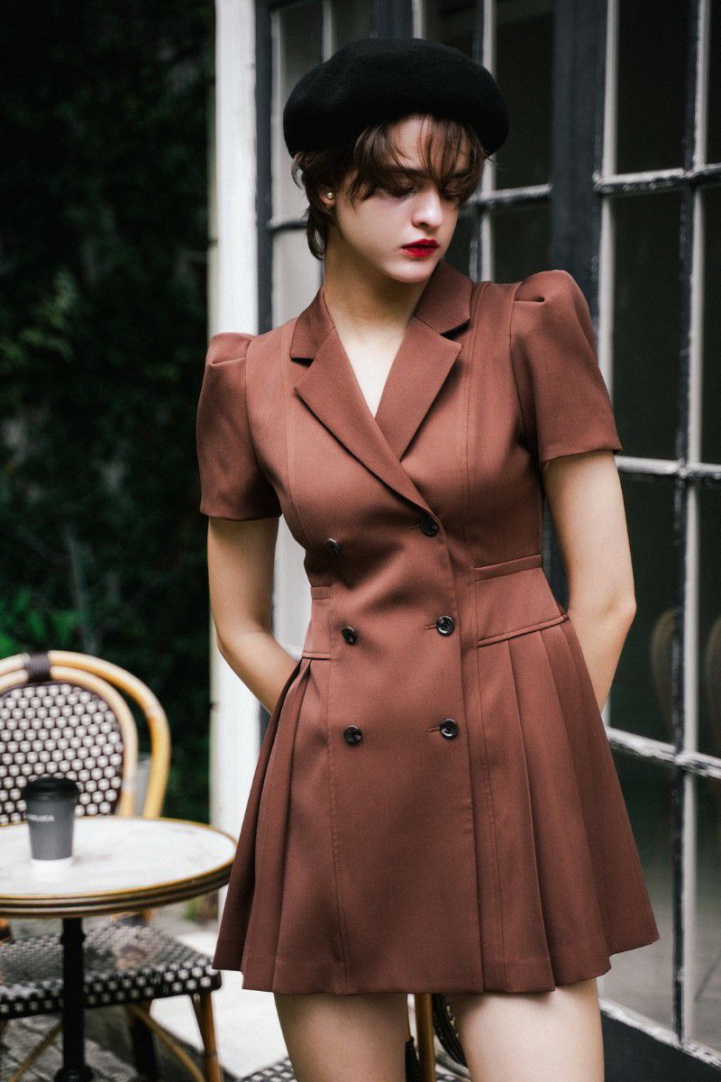 puff sleeve pleated jacket dress – shéller / シェリエ