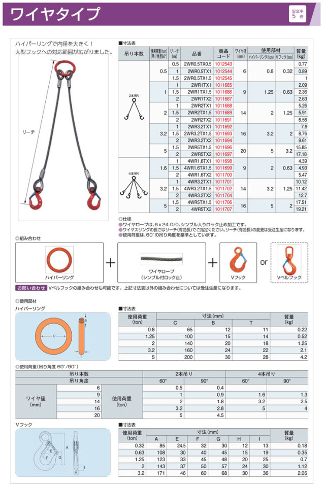 2本吊りワイヤースリング 9mm×1m (～2m) Vフック付 使用荷重1トン