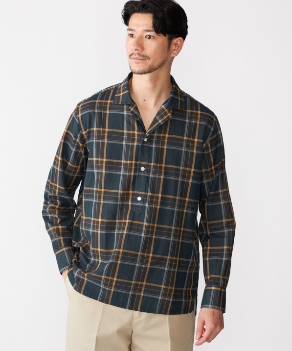 SHIPS: オープンカラー コットン マドラスチェック プルオーバー