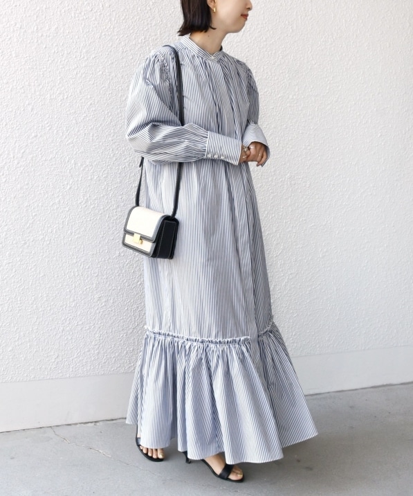 WEB限定】〈手洗い可能〉ストライプ ギャザー フリル ワンピース