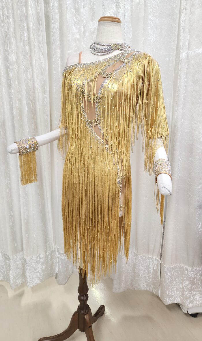試着・レンタル・購入】社交ダンスドレス ゴールドフリンジ Mサイズ