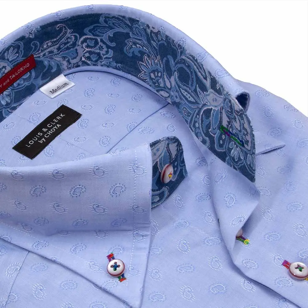 ワイシャツ 花柄 草木、ボタニカル ペイズリー ブルー ジャカード