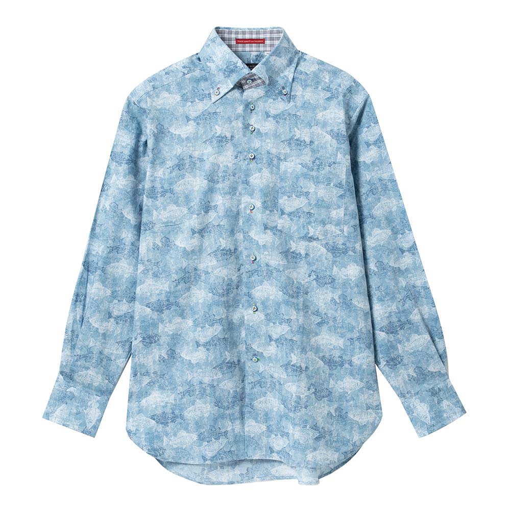 ワイシャツ プリント 総柄 ブルー ブロード LOUIS & CLERK｜STYLE