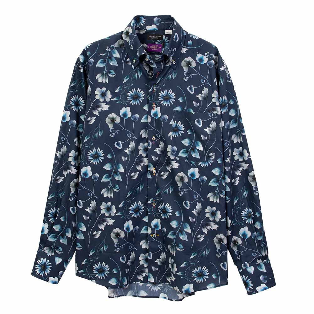 ワイシャツ 花柄 プリント 草木、ボタニカル ネイビー LOUIS & CLERK