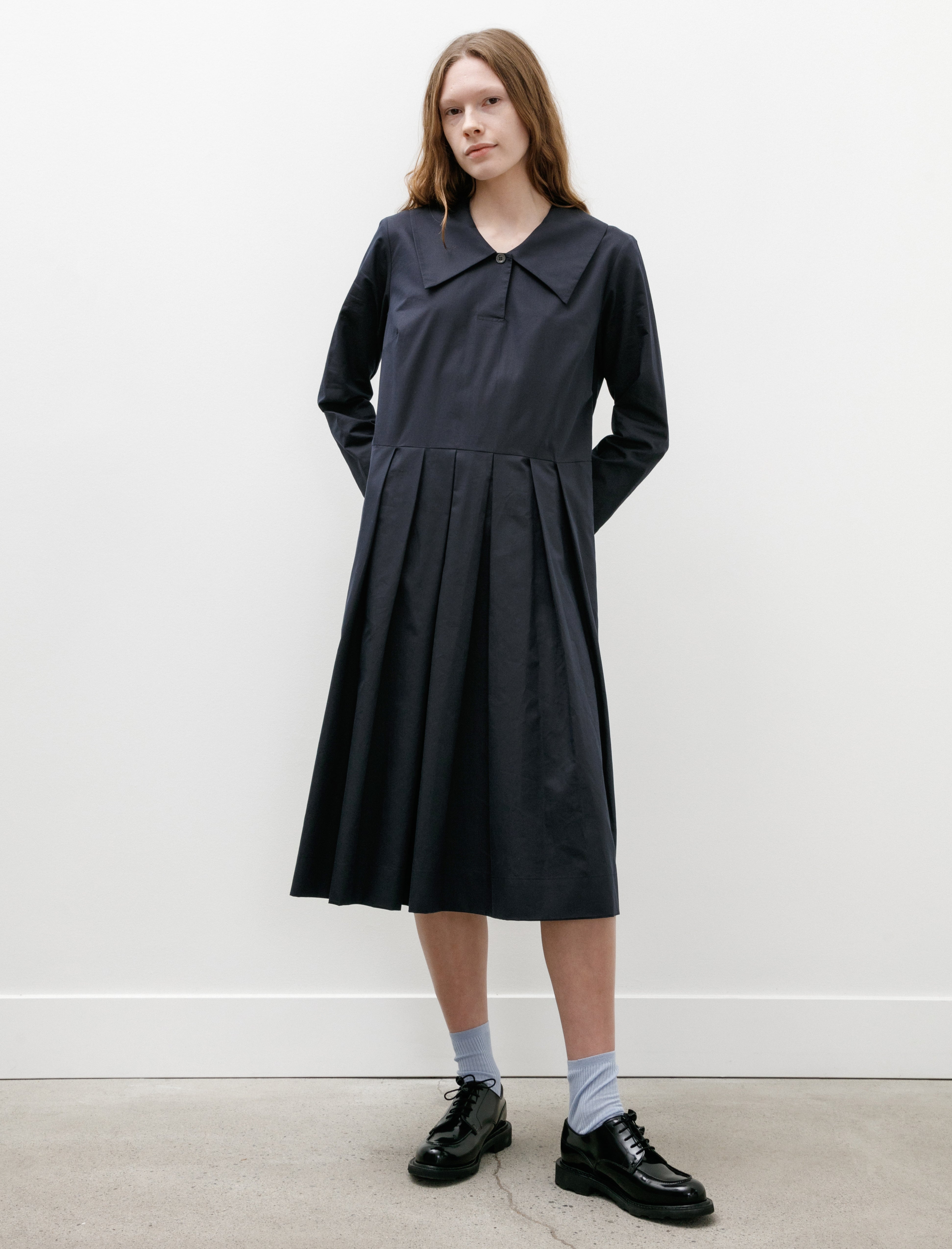 Margaret Howell Big Collar Dress Soft Cotton Silk Navy – Neighbour
