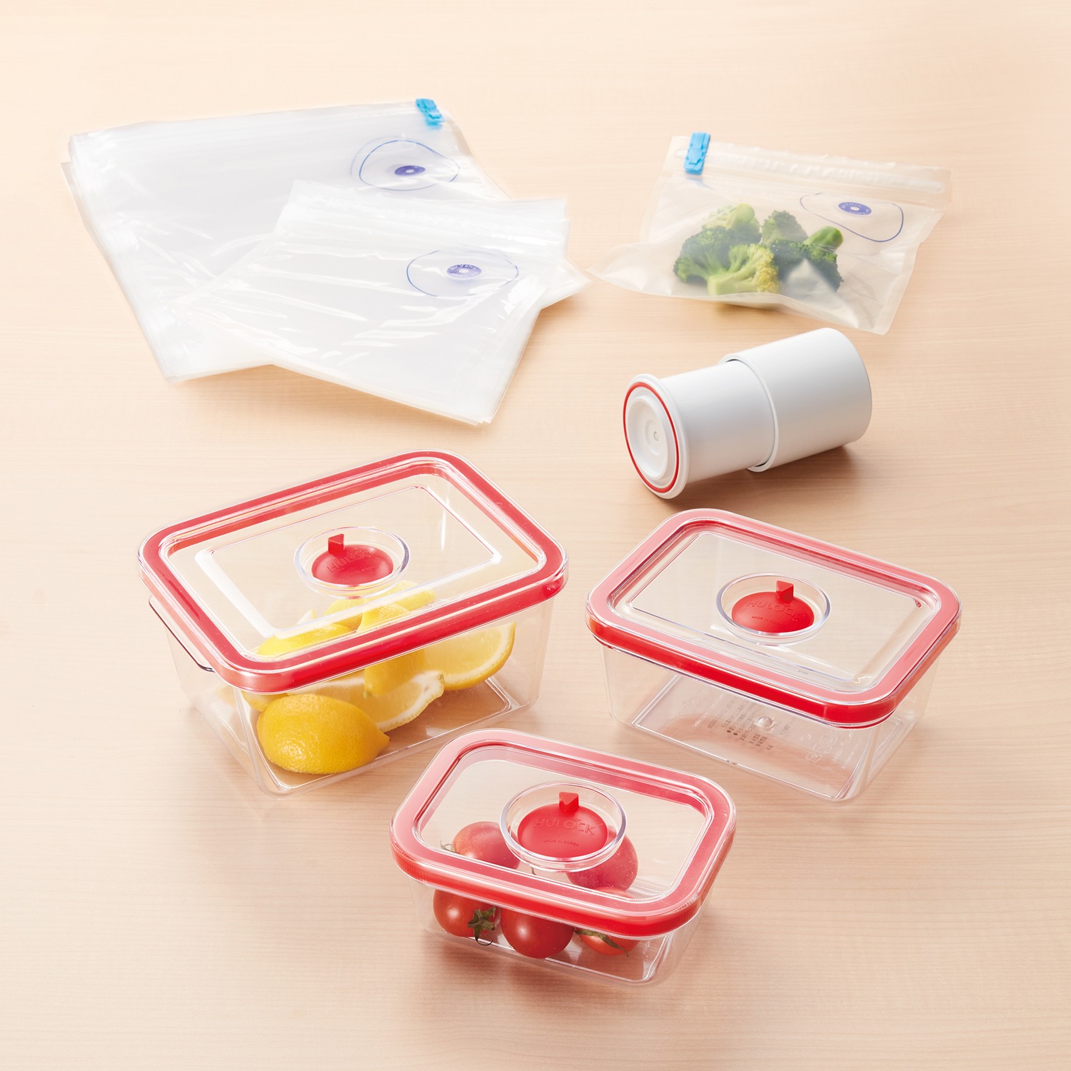 ビバライズ ヒューロック 真空保存容器3種3個＆真空保存袋2種20枚