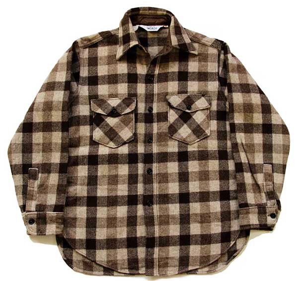 70s Woolrichウールリッチ ブロックチェック ウールシャツ ブラウン M