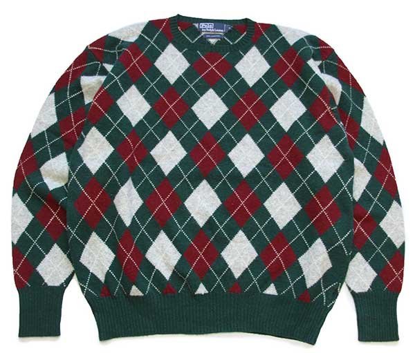 90s ポロ ラルフローレン アーガイル柄 ラムウールニット セーター XL