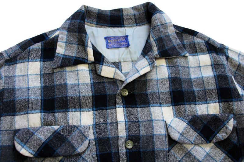 50s PENDLETONペンドルトン チェック オープンカラー ウールシャツ L