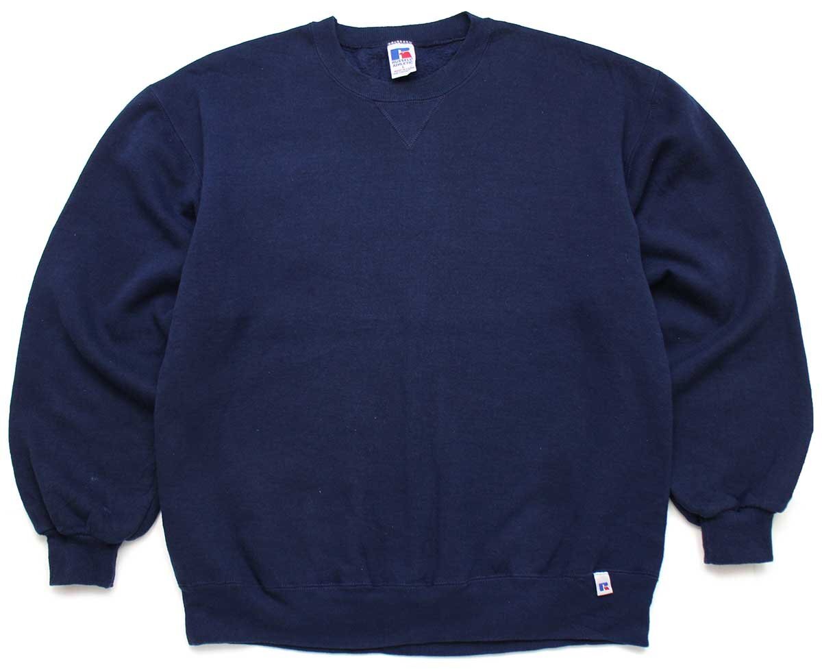 90s USA製 RUSSELLラッセル 無地 前V スウェット 紺 L☆ブランク