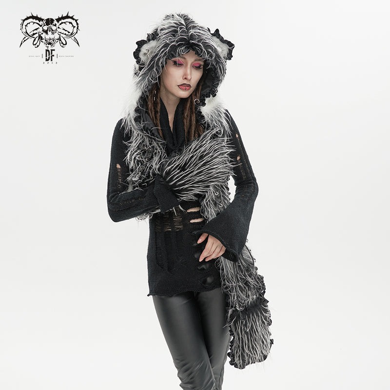 Long Hair Cat Ears Punk Hooded Scarf / フード付きマフラー【Devil