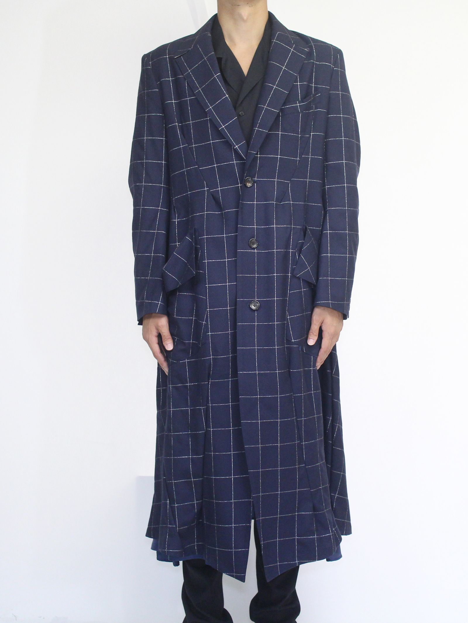 sulvam ネイビー チェック柄 ロングコート