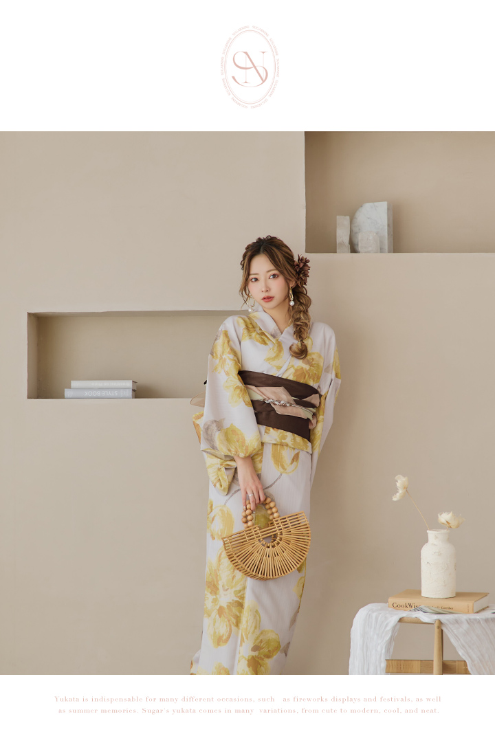 即日発送！】グレージュ×イエローフラワー浴衣 【浴衣3点セット 浴衣