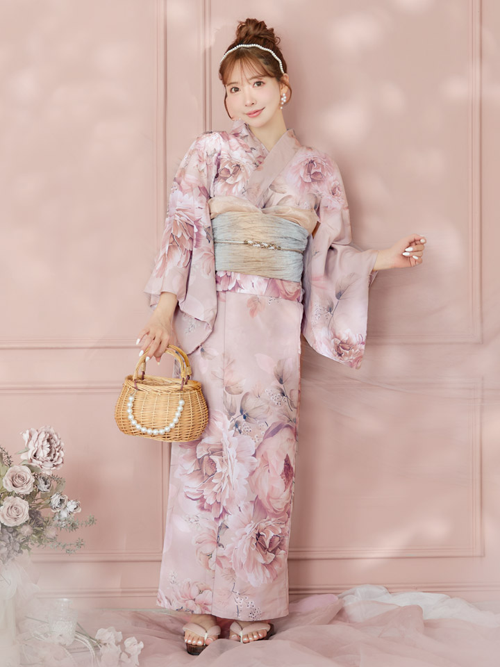 即日発送】くすみピンクアンティークフラワー浴衣【浴衣3点セット