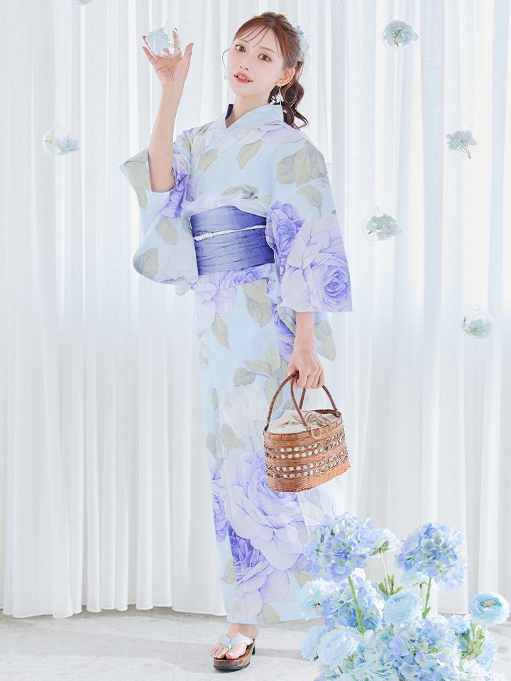 即日発送】アンティークブルーローズ浴衣【浴衣3点セット 浴衣/帯