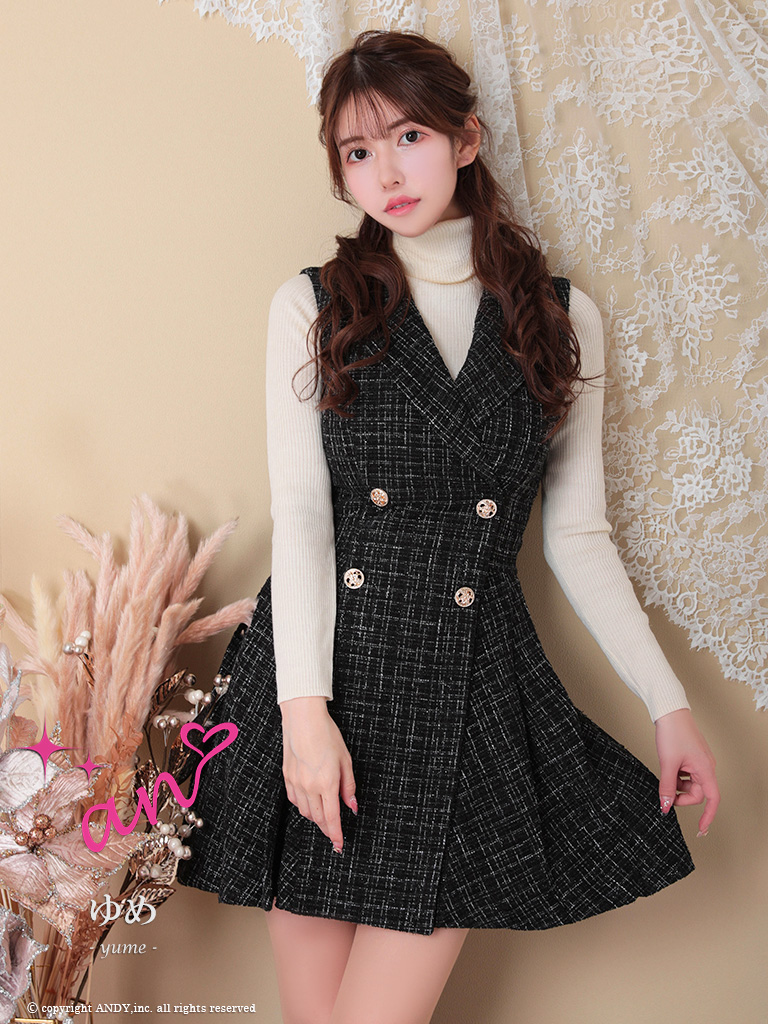 A1ツイードノースリーブ襟デザインセットアップスパンコールボタン