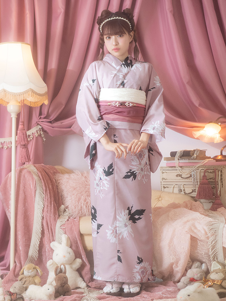 即日発送】【浴衣セール】【浴衣】 くすみピンク地xニュアンスフラワー