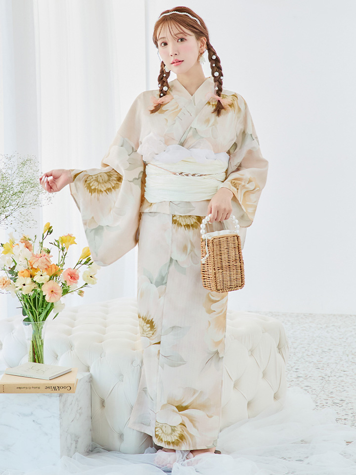 即日発送！】クリームイエローピオニー浴衣【浴衣3点セット 浴衣/帯