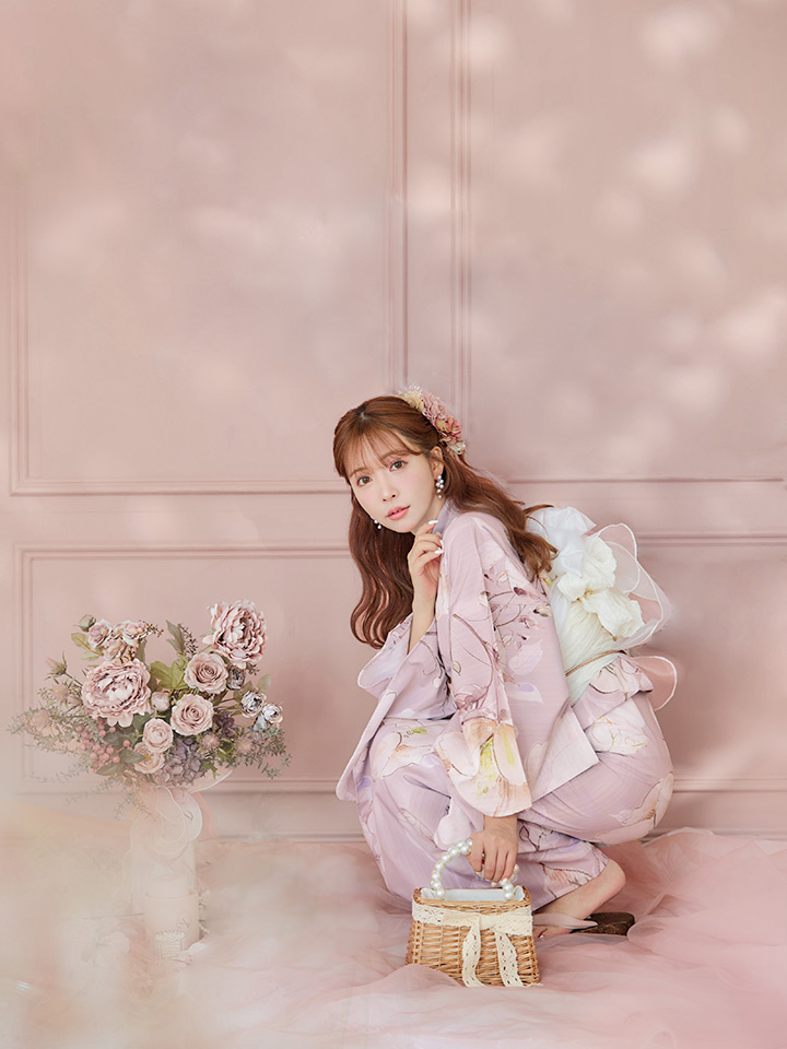 即日発送】大人くすみピンクx牡丹浴衣【浴衣3点セット 浴衣/帯/下駄